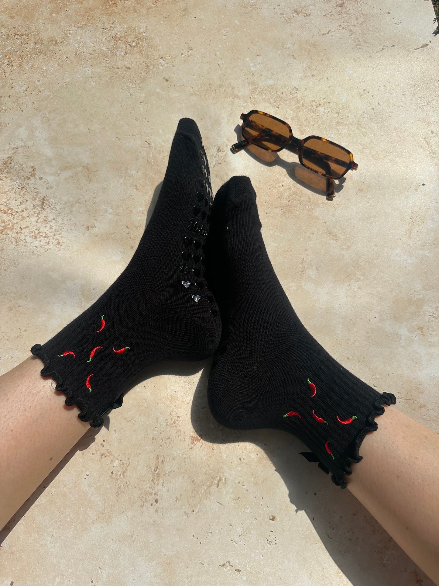 Black ruffle red hot chili pepper grip sock with black heart bows