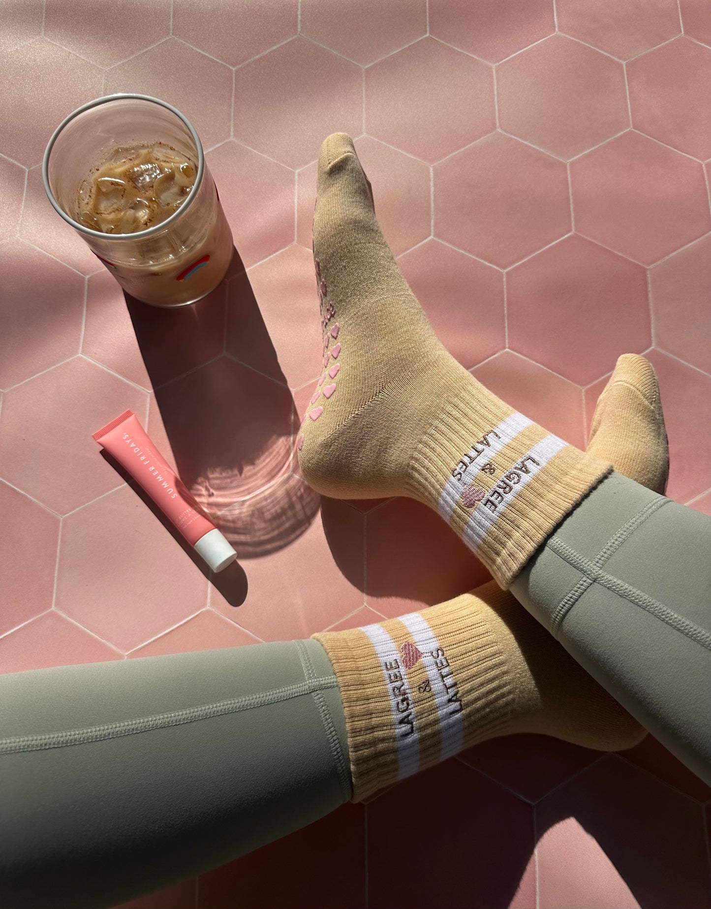 LAGREE & LATTES tan grip sock with pink heart grips