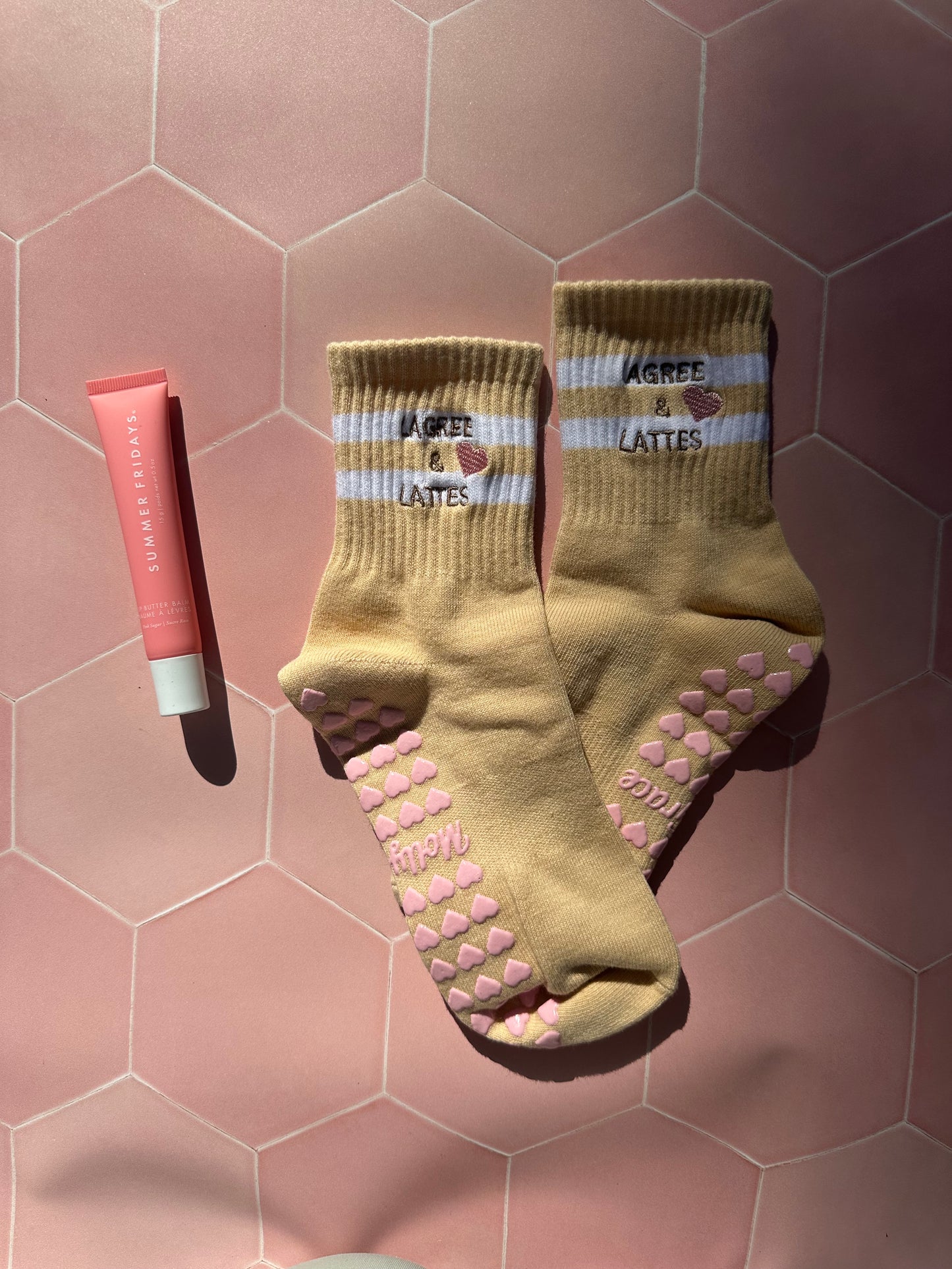 LAGREE & LATTES tan grip sock with pink heart grips