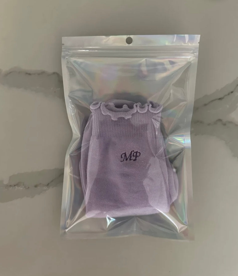 Custom initial embroidered ruffle grip sock