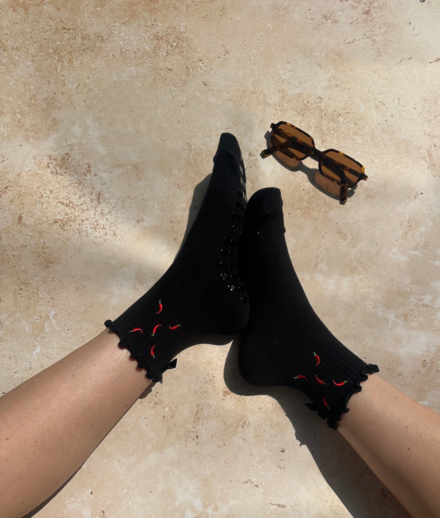 Black ruffle red hot chili pepper grip sock with black heart bows