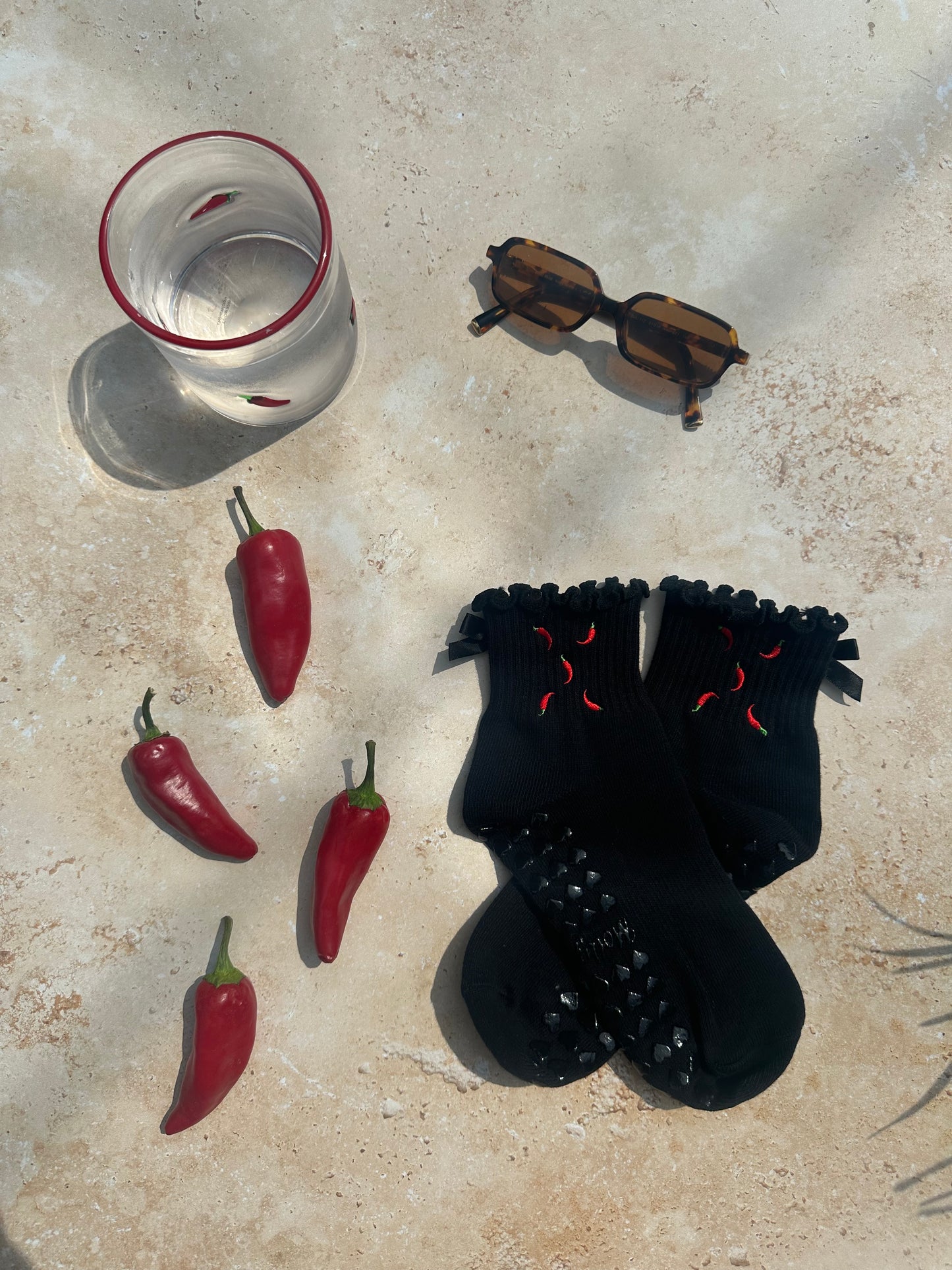 Black ruffle red hot chili pepper grip sock with black heart bows