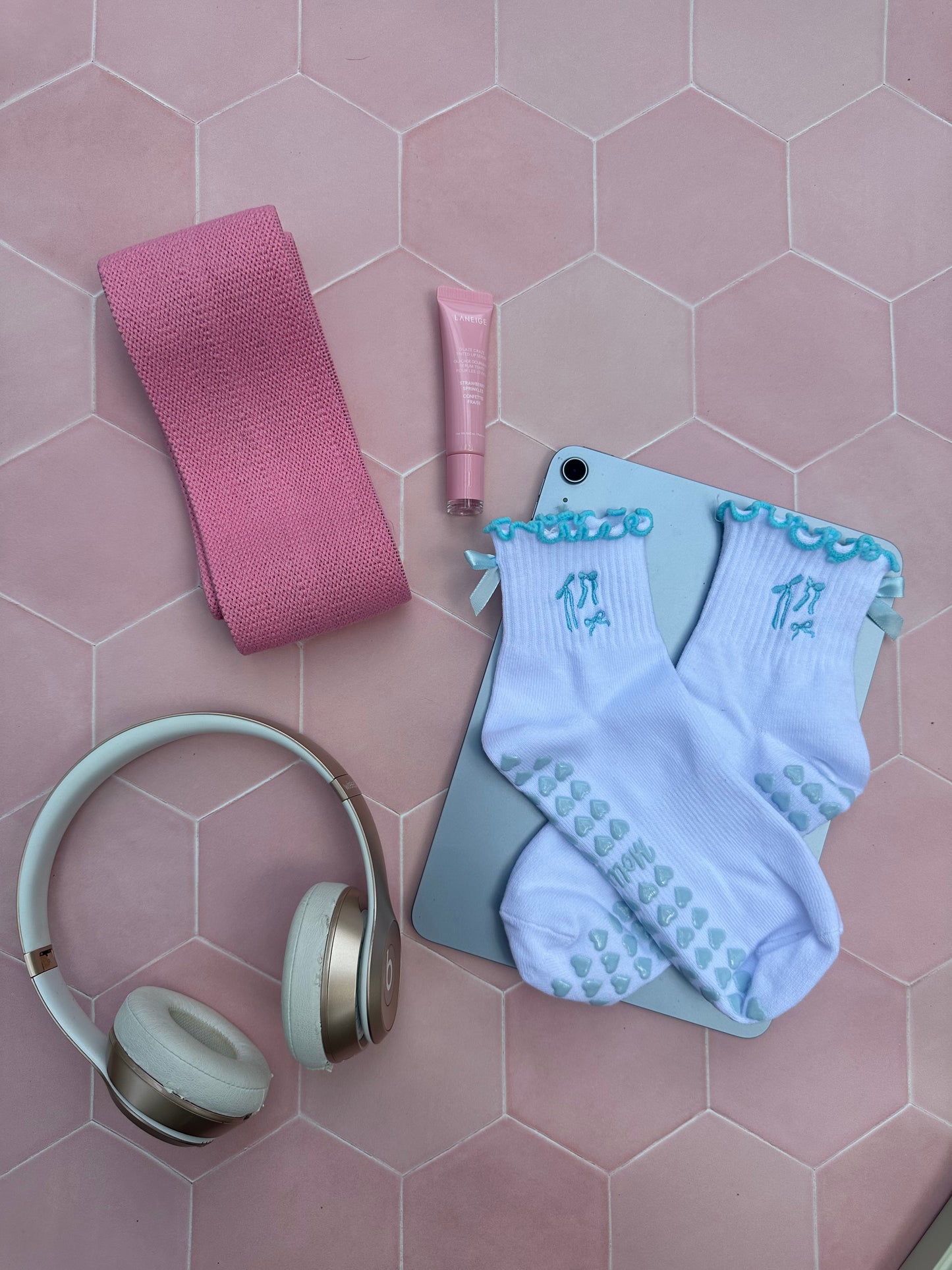 Light blue coquette bow grip sock