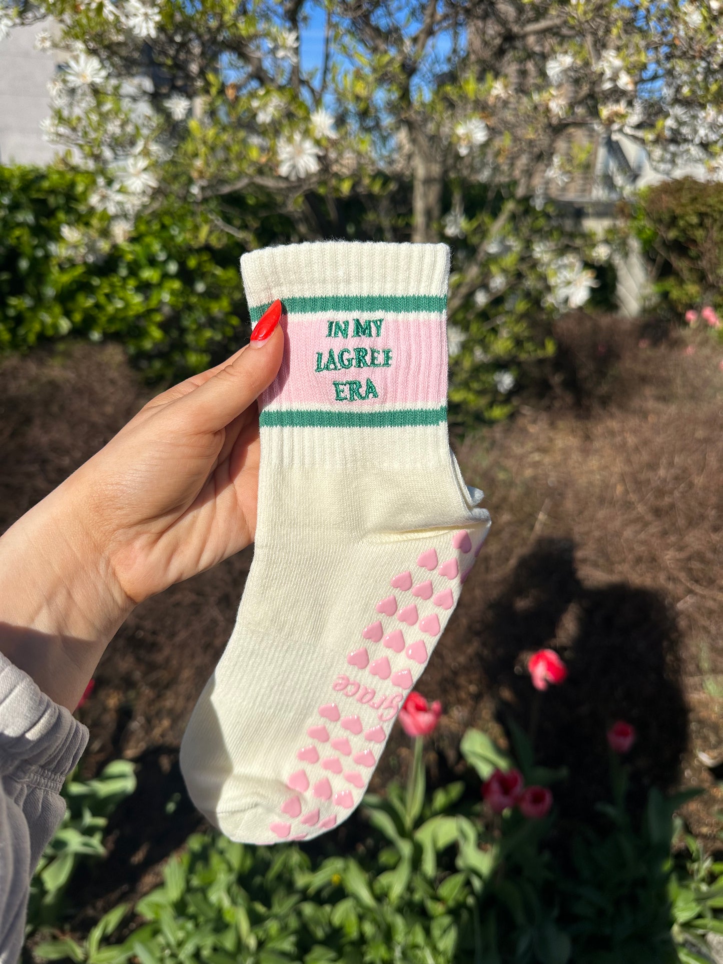 In My Lagree Era retro pink & green grip sock
