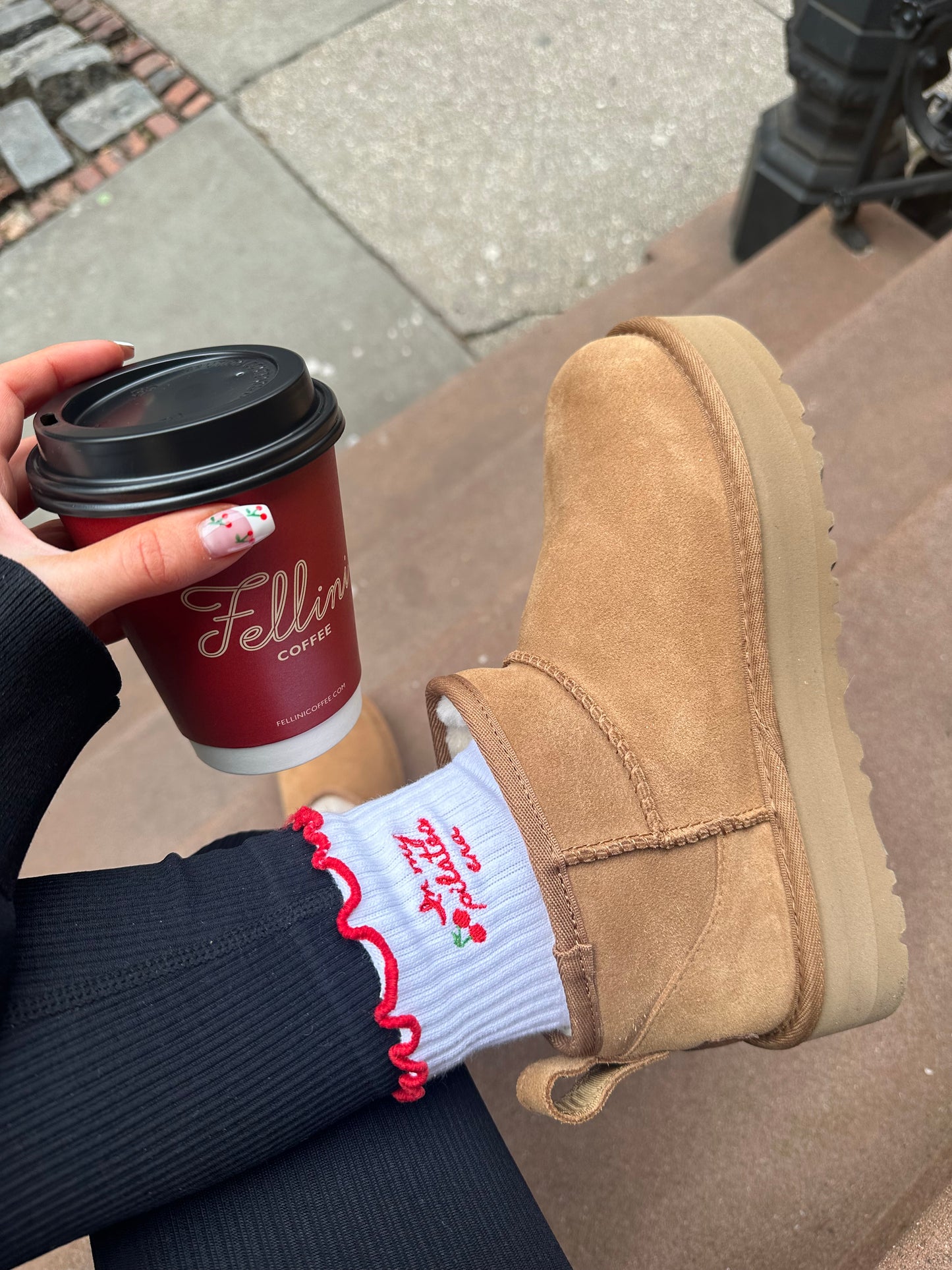 "In my pilates era" red ruffle cherry non slip grip sock with red heart grips for pilates, yoga, lagree or barre