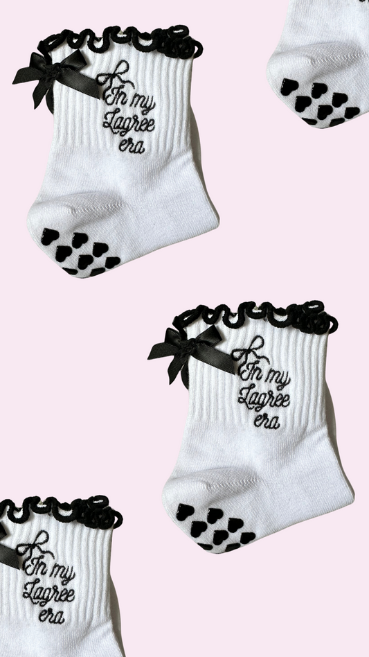 In My Lagree era black & white bow grip socks