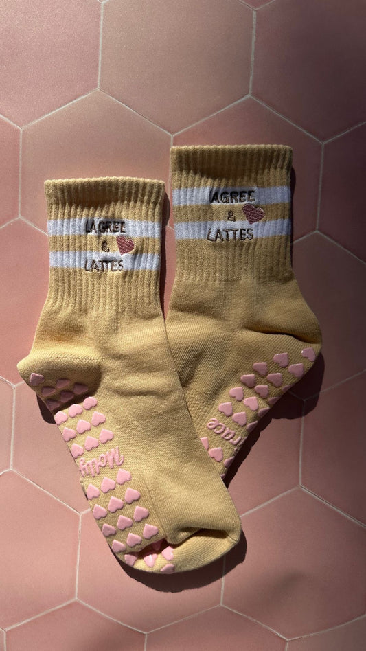 LAGREE & LATTES tan grip sock with pink heart grips