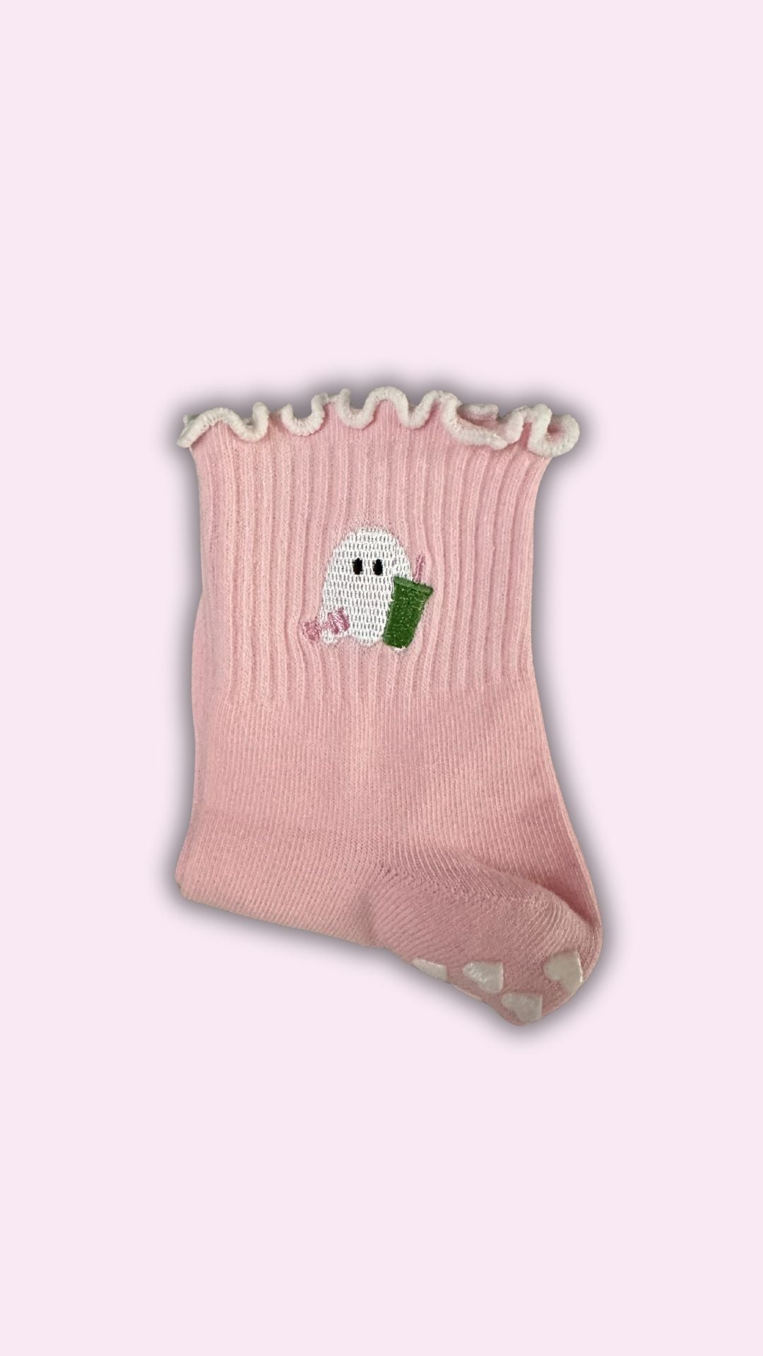 SPOOKY SEASON light pink ruffle Matcha ghost grip sock