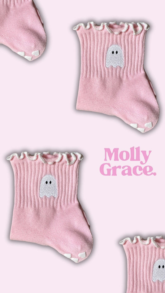 SPOOKY SEASON light pink ghost embroidered grip sock