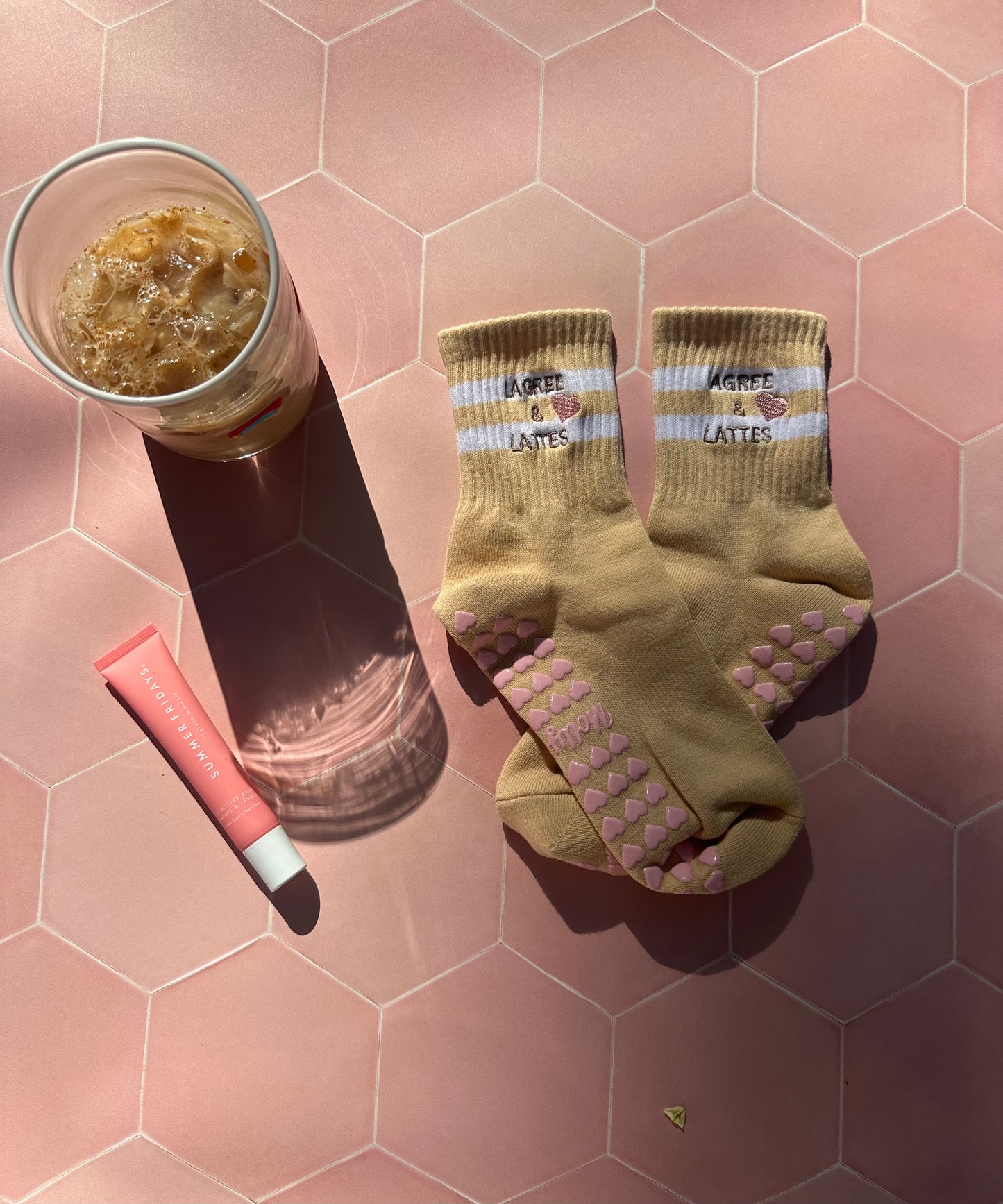 LAGREE & LATTES tan grip sock with pink heart grips