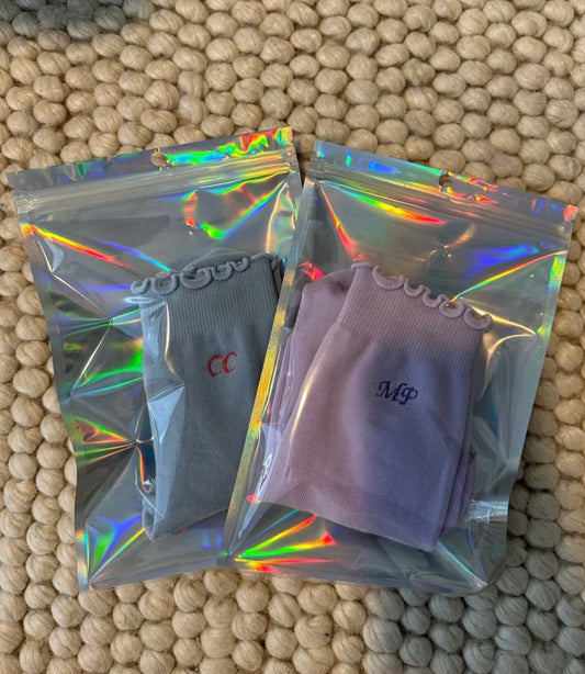 Custom initial embroidered ruffle grip sock