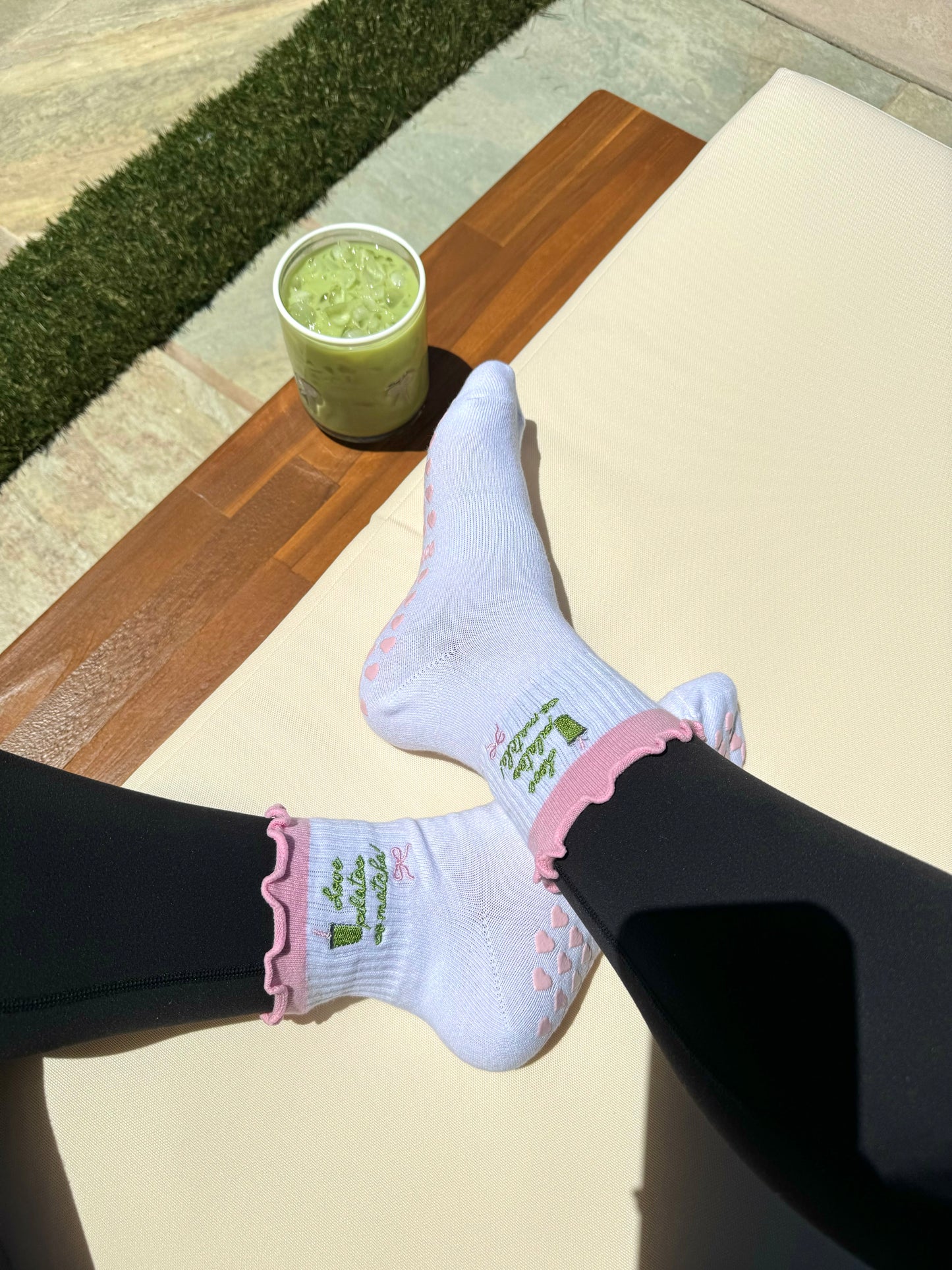 "Love Pilates So Matcha" grip sock with pink heart grips