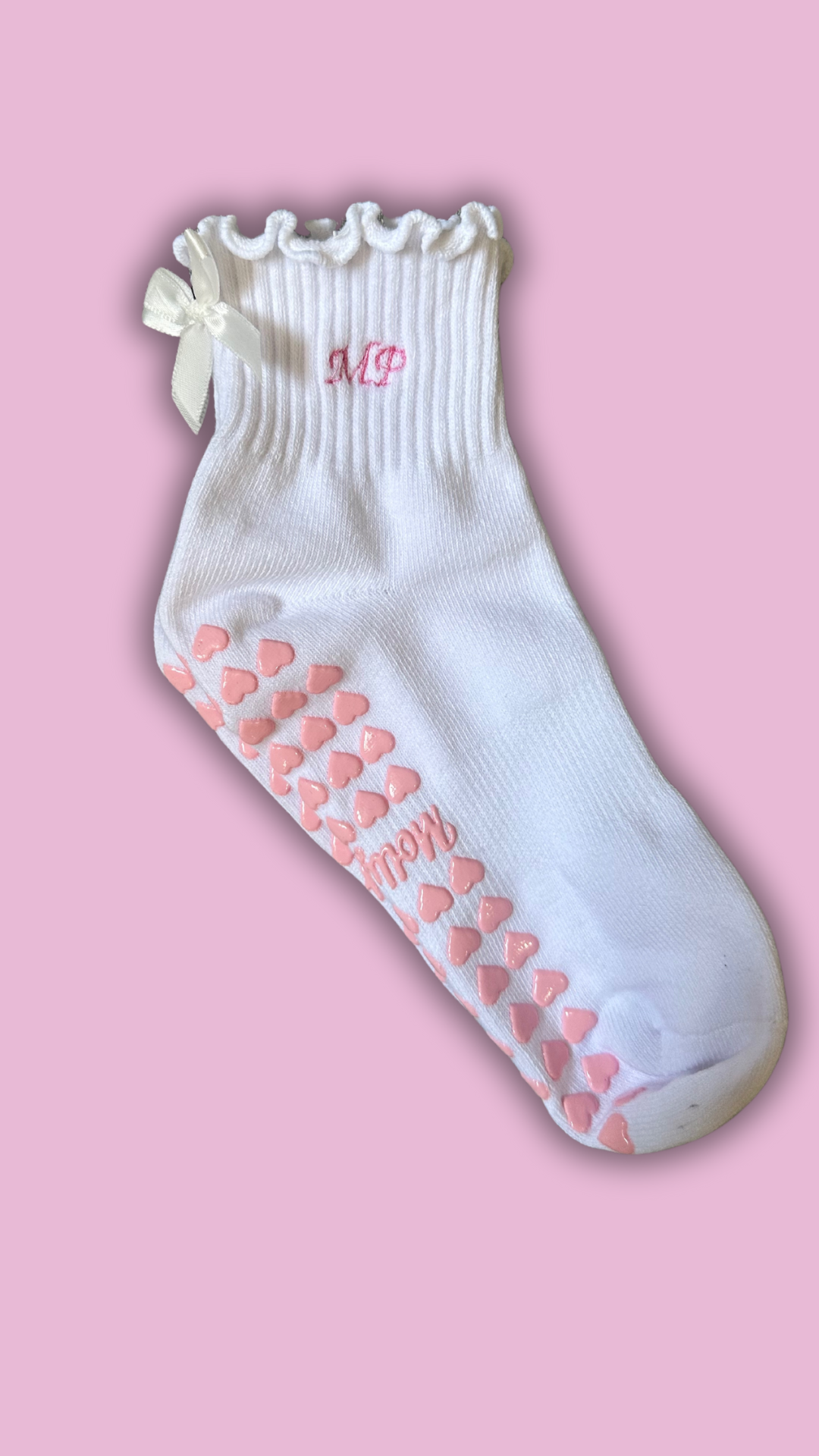 Custom initial white ruffle & white bow embroidered grip sock with pink heart grips