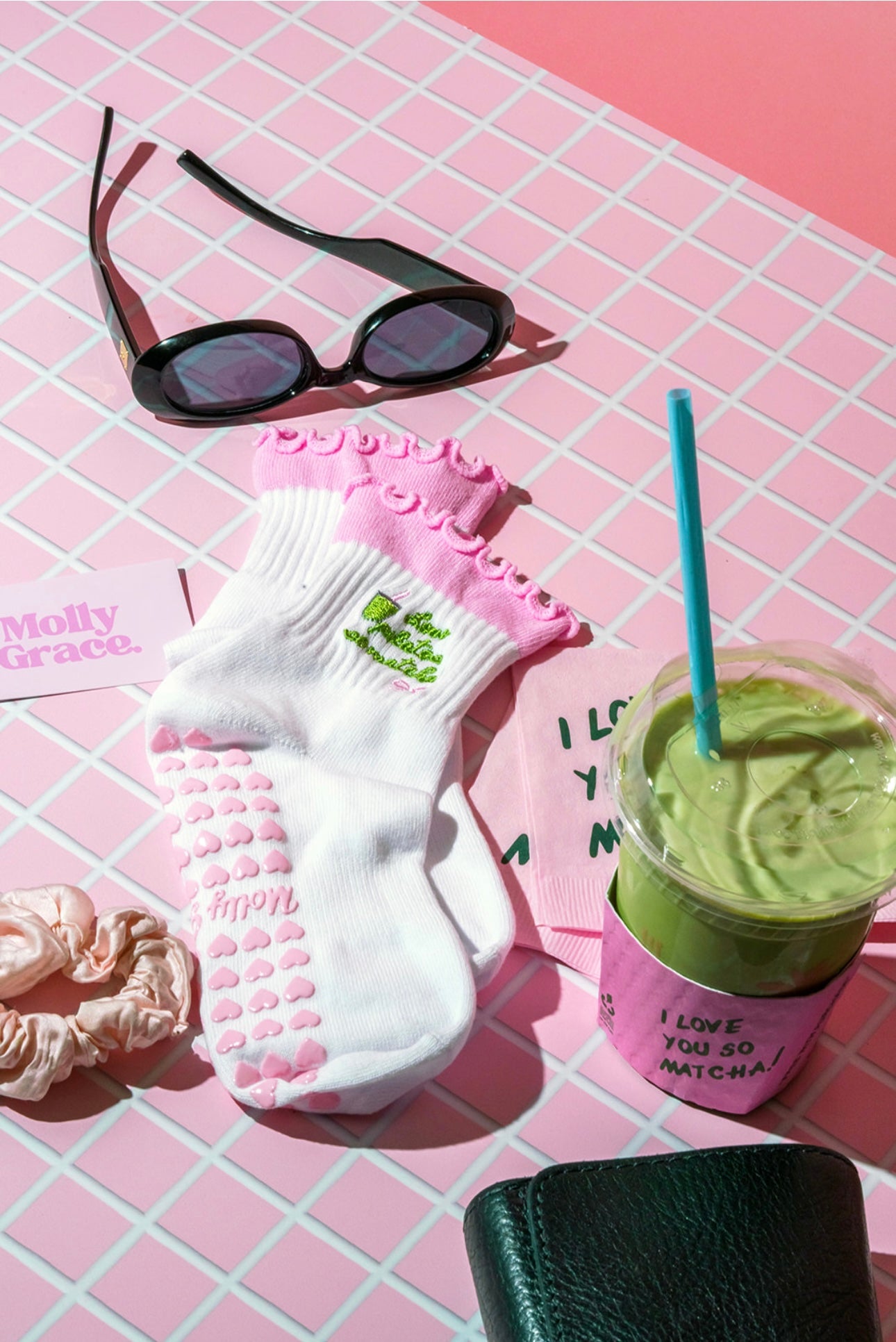 "Love Pilates So Matcha" grip sock with pink heart grips