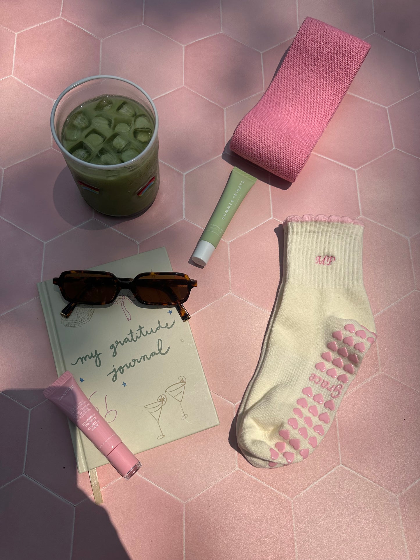 Custom initial cream grip sock with light pink ruffle