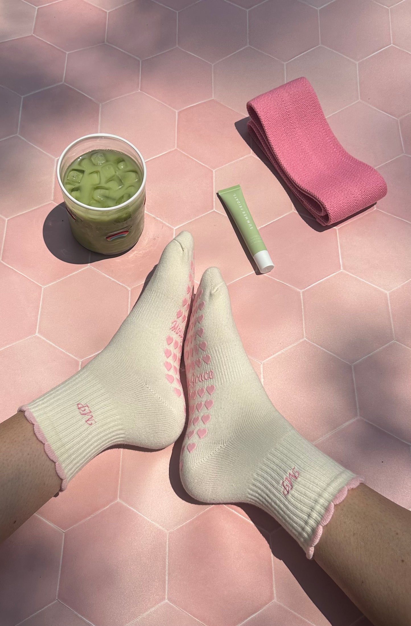 Custom initial cream grip sock with light pink ruffle
