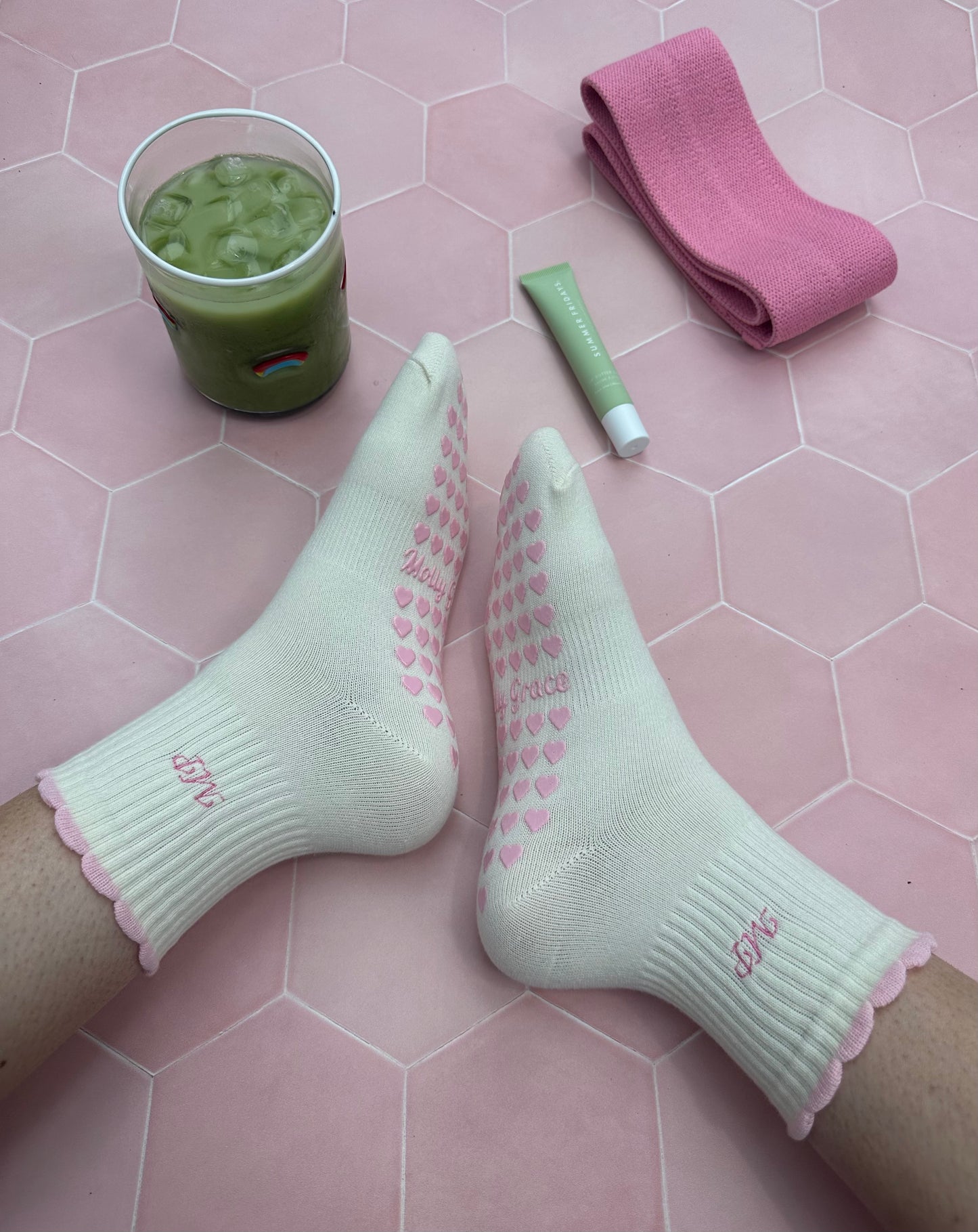 Custom initial cream grip sock with light pink ruffle