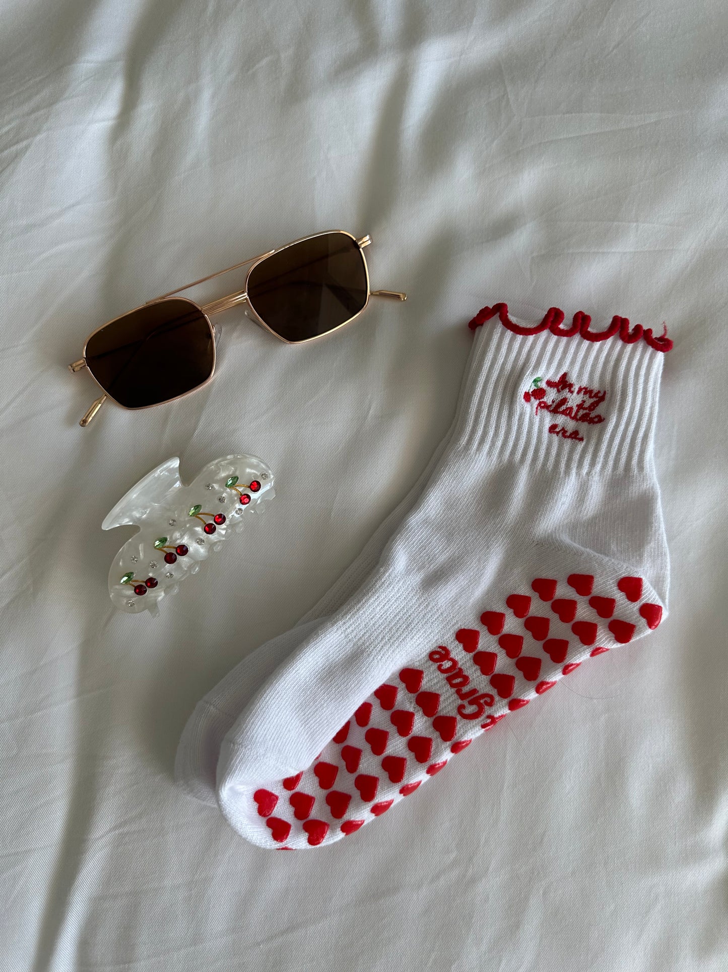 "In my pilates era" red cherry grip sock