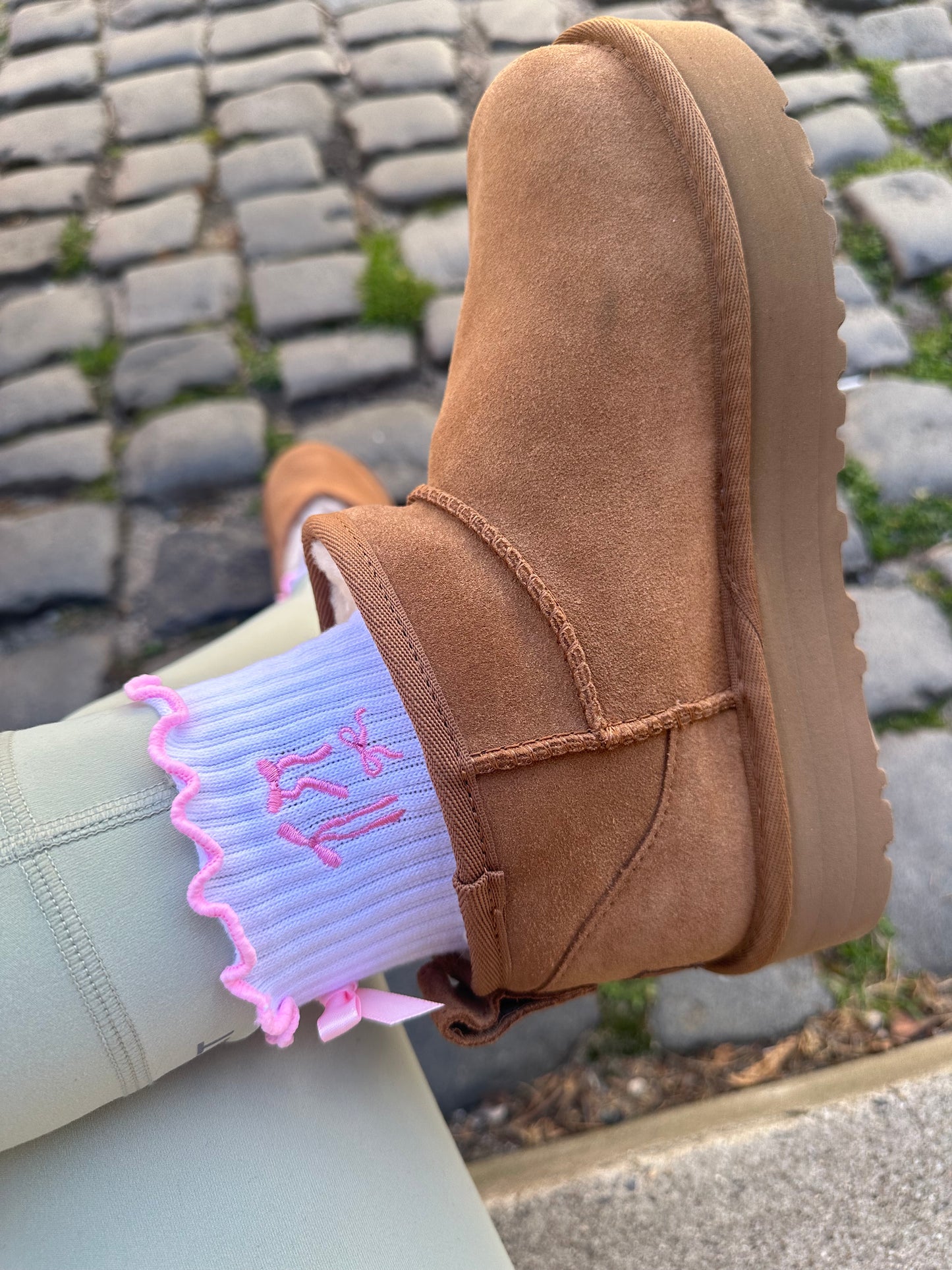 Pink bow coquette grip sock with pink heart grips