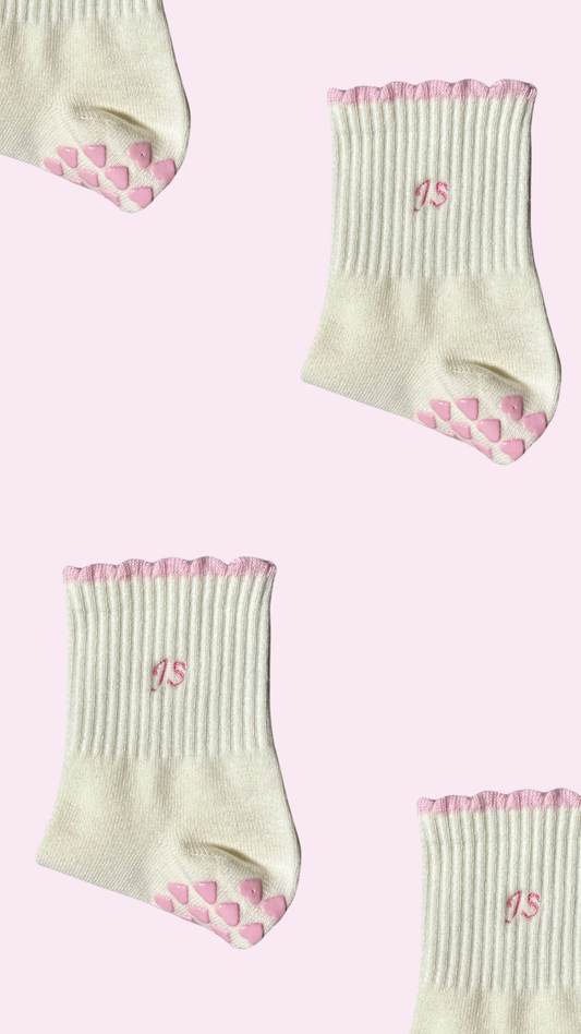 Custom initial cream grip sock with light pink ruffle