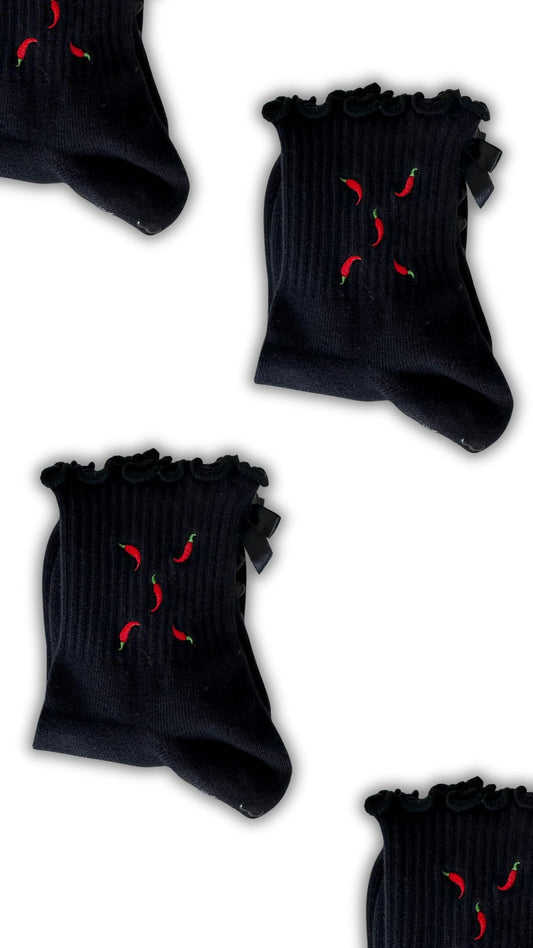 Black ruffle red hot chili pepper grip sock with black heart bows