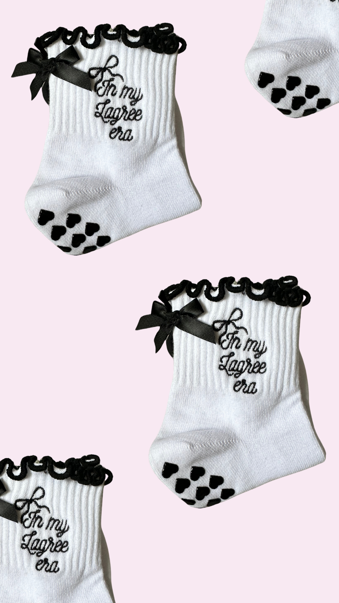 In My Lagree era black & white bow grip socks