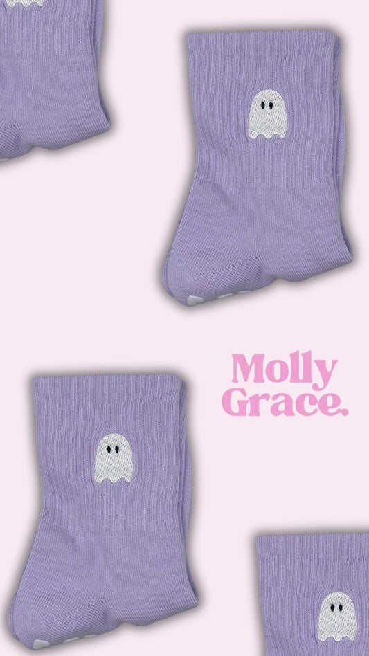 SPOOKY SEASON light purple ghost embroidered grip socks
