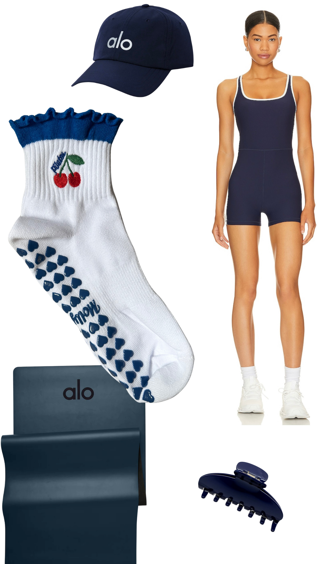 Dark blue ruffle "Pilates" cherry grip sock with blue heart grips