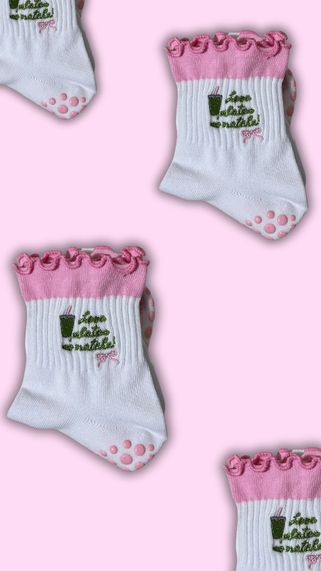 "Love Pilates So Matcha" grip sock with pink heart grips