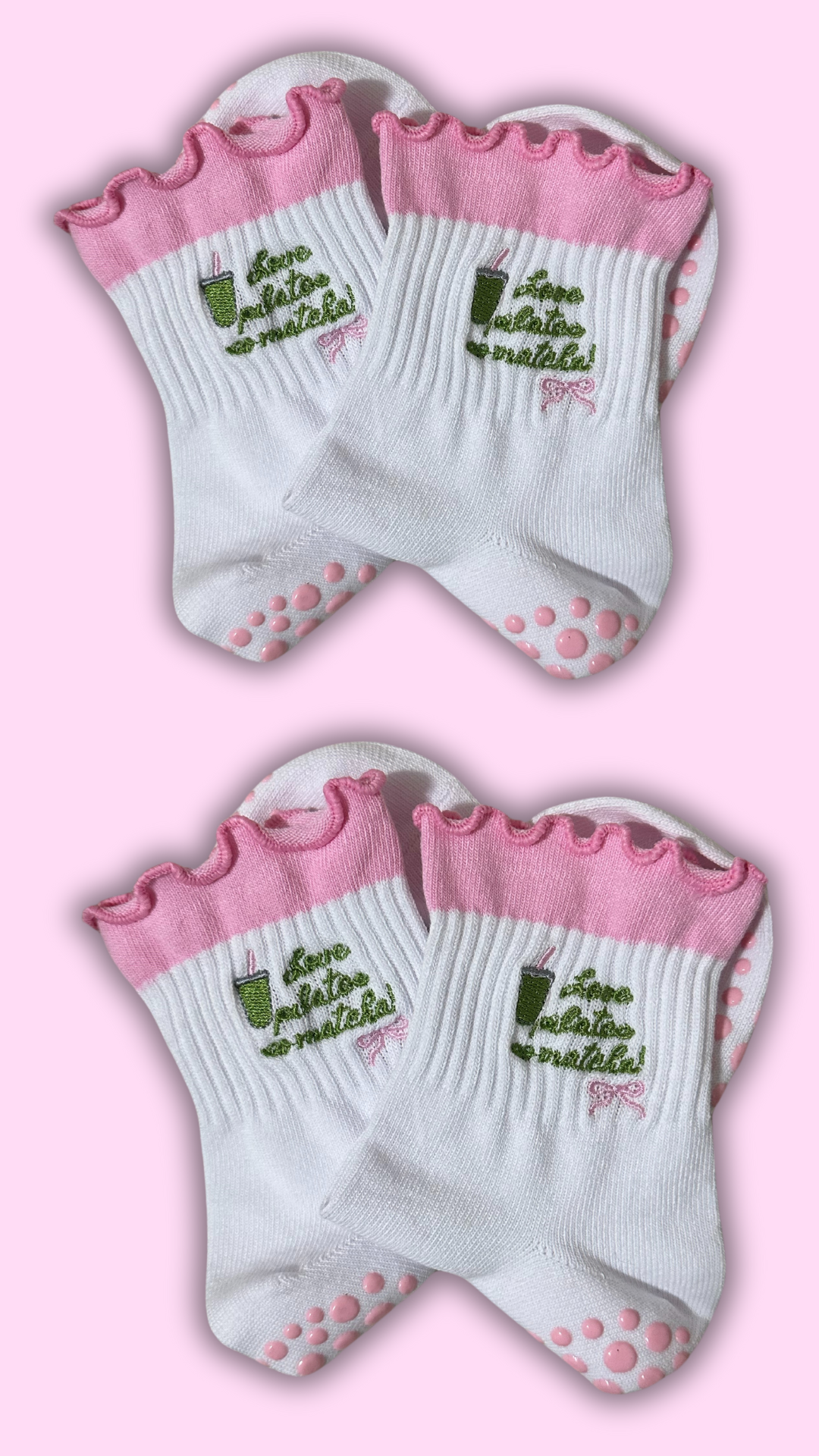 "Love Pilates So Matcha" grip sock with pink heart grips