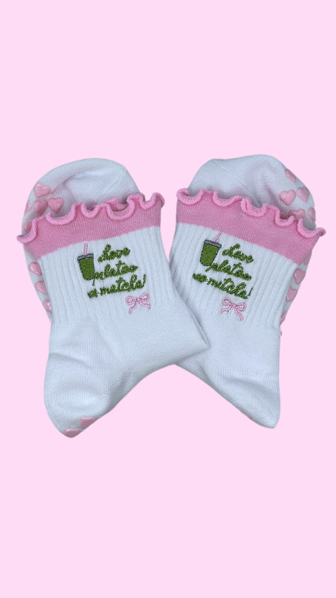 "Love Pilates So Matcha" grip sock with pink heart grips