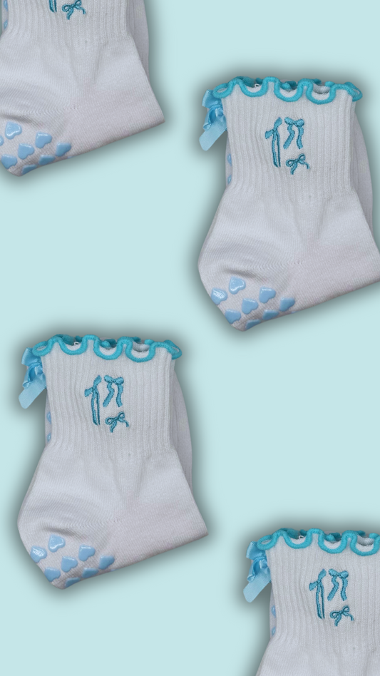 Light blue coquette bow grip sock