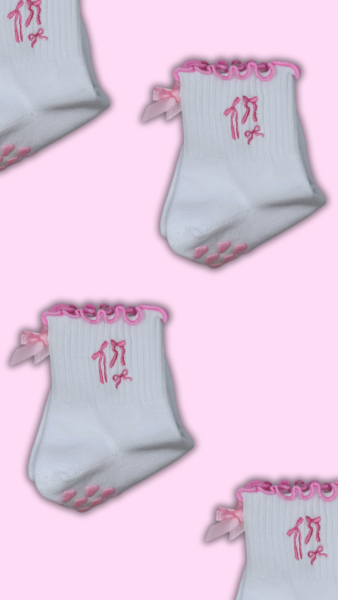 Pink bow coquette grip sock with pink heart grips