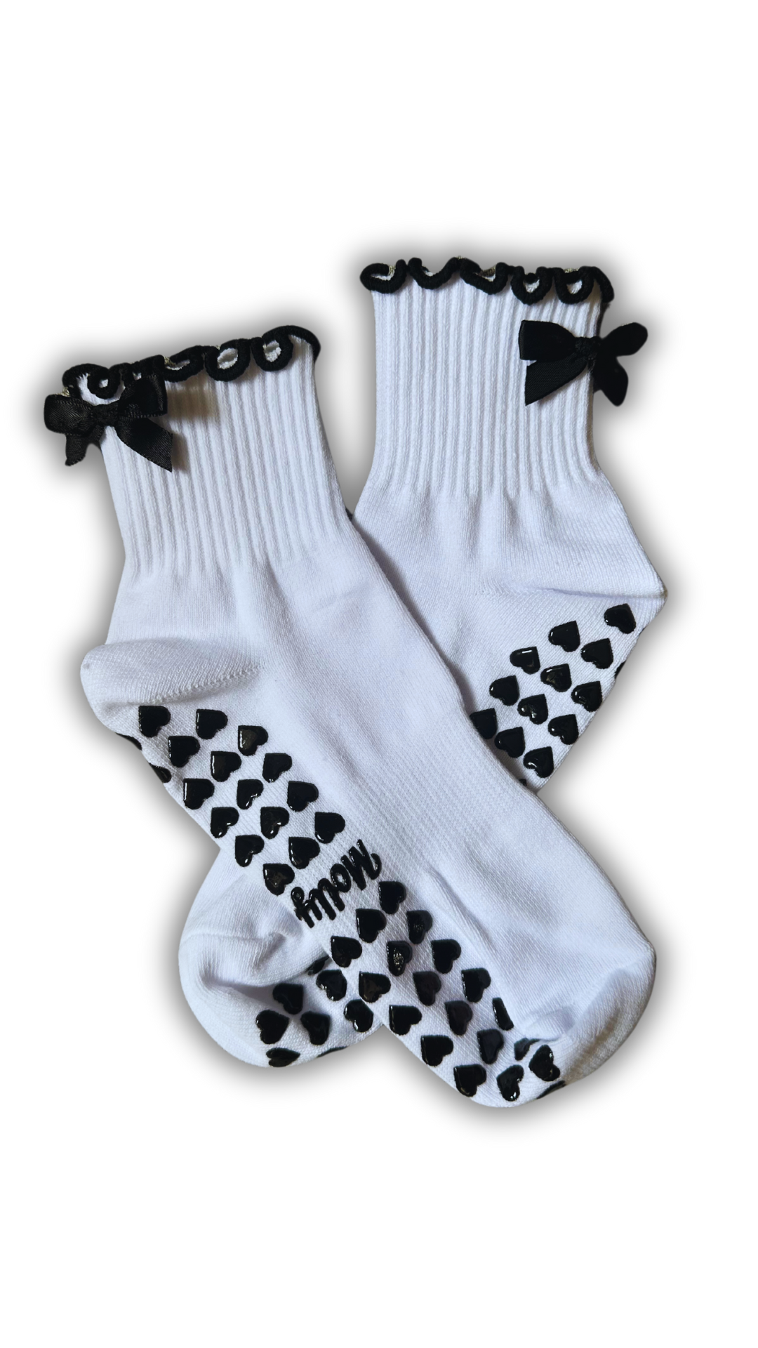 Black & White bow grip sock with heart grips