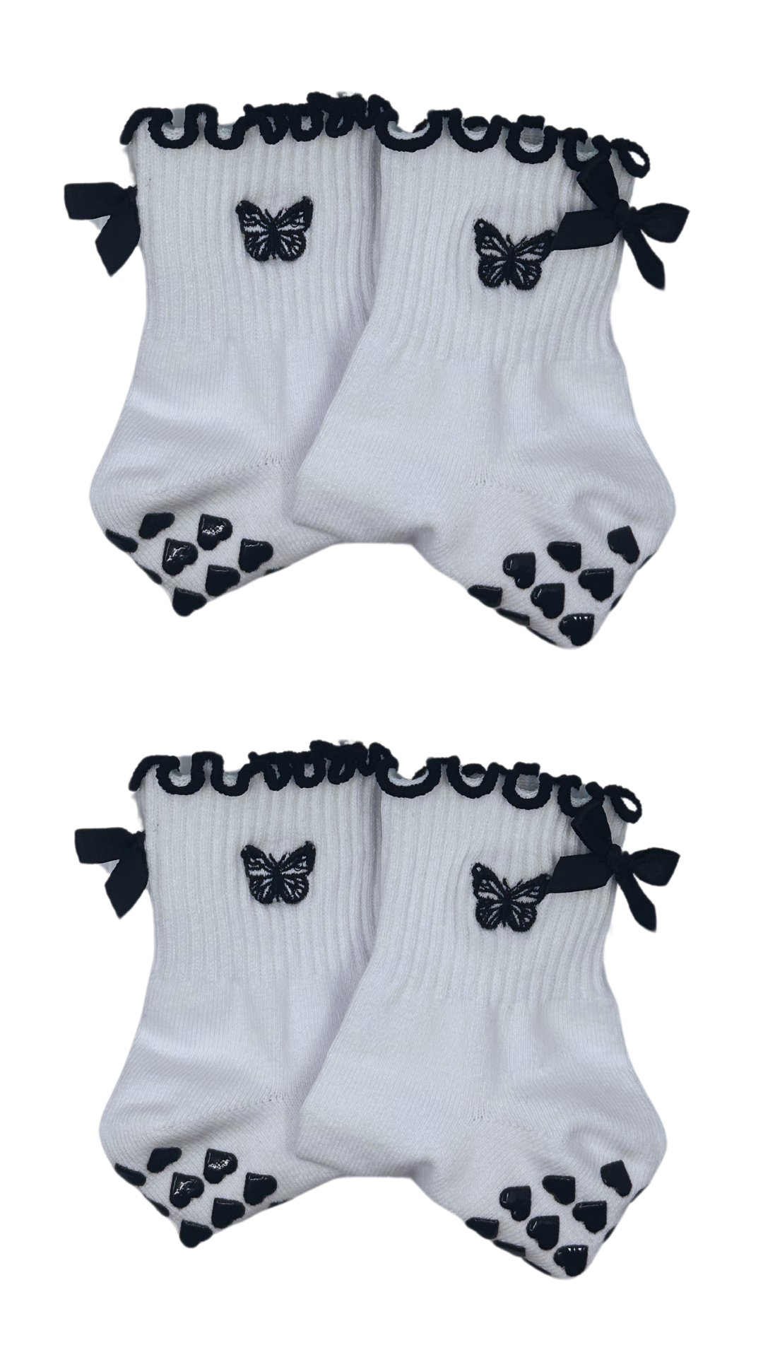 Embroidered butterfly grip sock with bow & black heart grips