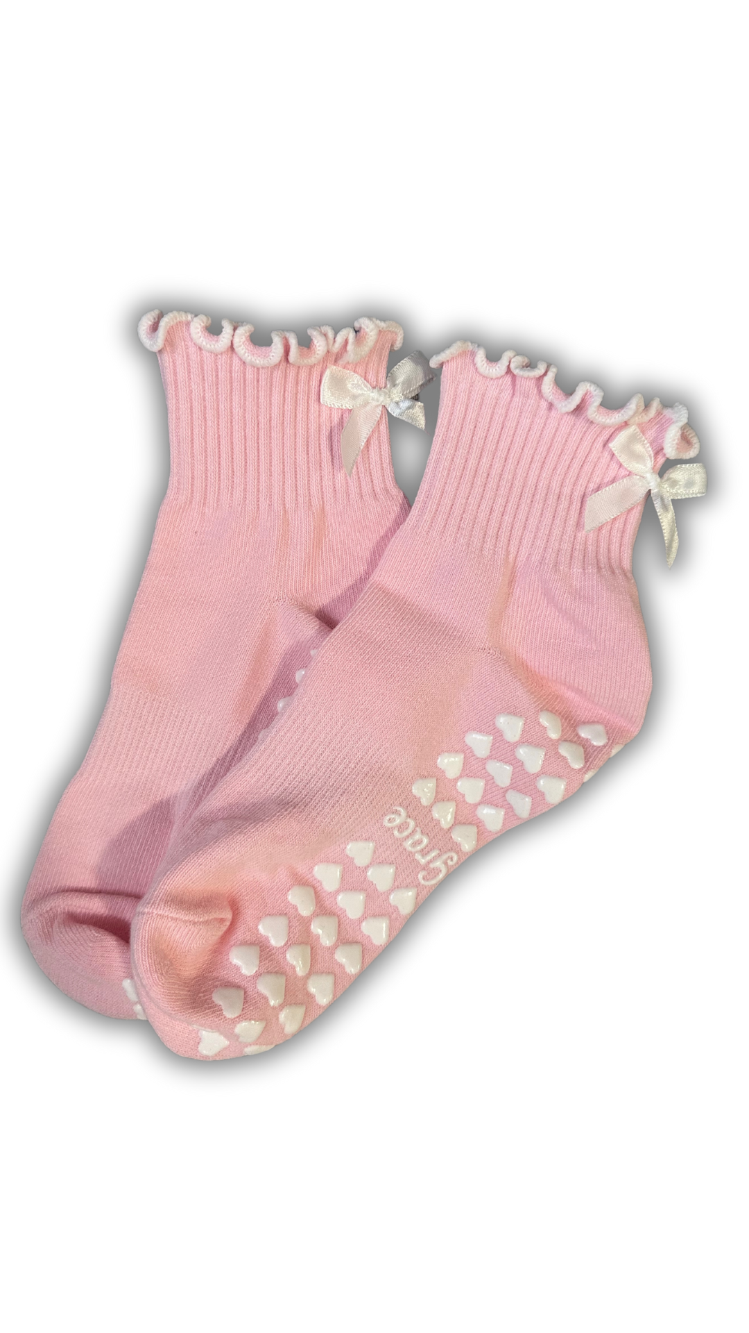 Light Pink ruffle grip sock with white bow