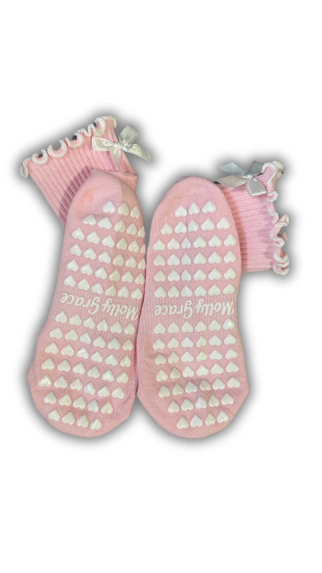 Light Pink ruffle grip sock with white bow