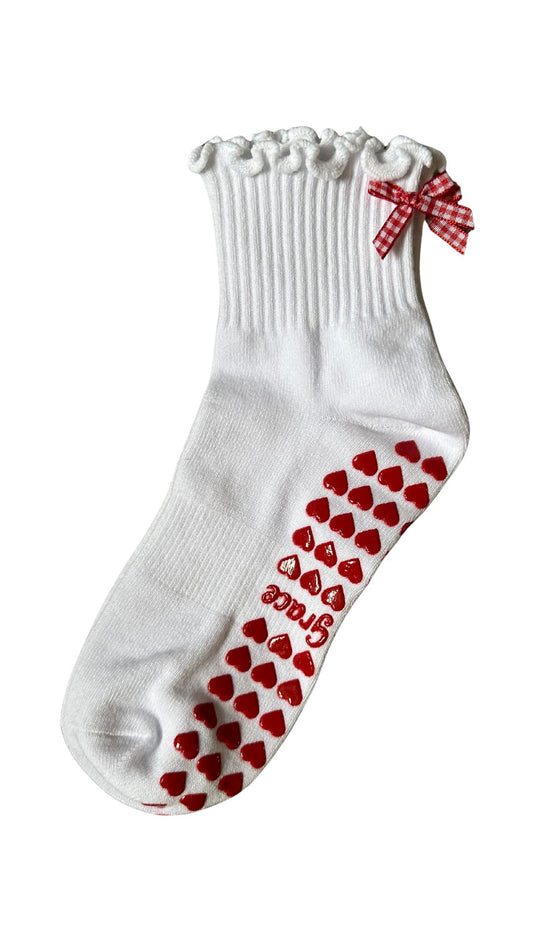 White ruffle non slip grip sock with gingham bow and red heart grips for pilates, yoga, lagree and barre