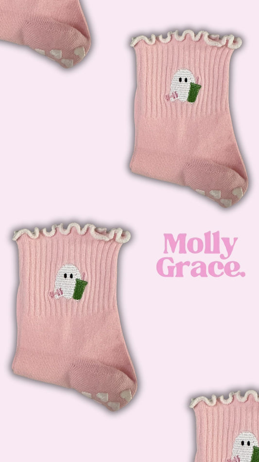 SPOOKY SEASON light pink ruffle Matcha ghost grip sock