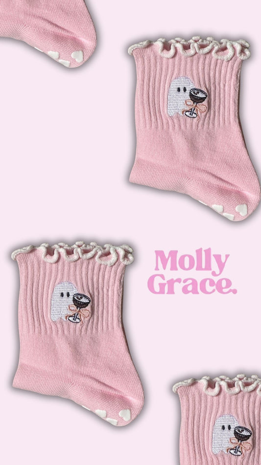 SPOOKY SEASON espresso martini light pink ruffle ghost grip socks