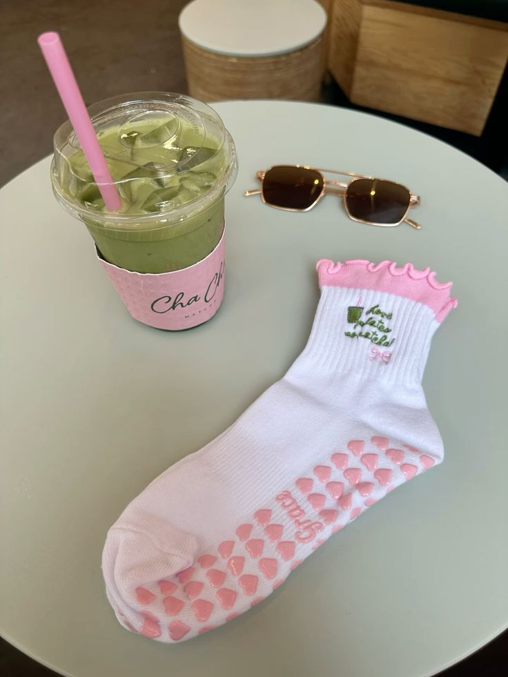 "Love Pilates So Matcha" grip sock with pink heart grips