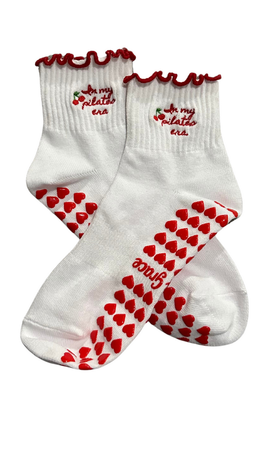 "In my pilates era" red cherry grip sock